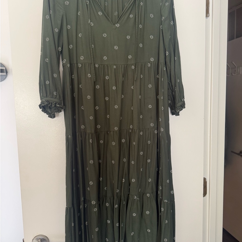 Madewell Olive Maxi Dress with White Daisy Print